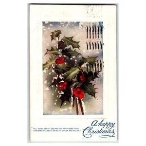 1908 Tuck's Christmas Postcard Holly Berries Winter Scene Vintage